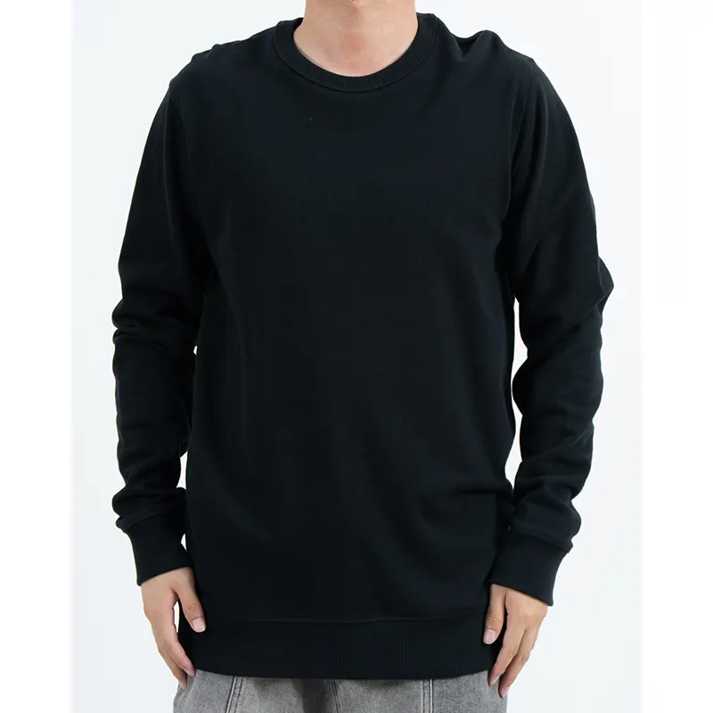 Sweat-shirt noir à col rond coupe classique avec poignets et ourlet côtelés