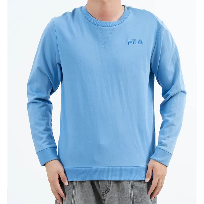 Sweat-shirt bleu à col rond avec logo ton sur ton sur la poitrine et bordure côtelée