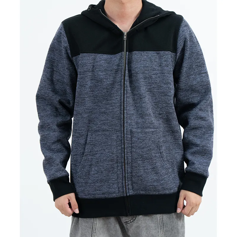 Sweat à capuche zippé bleu-gris avec empiècements noirs sur les épaules