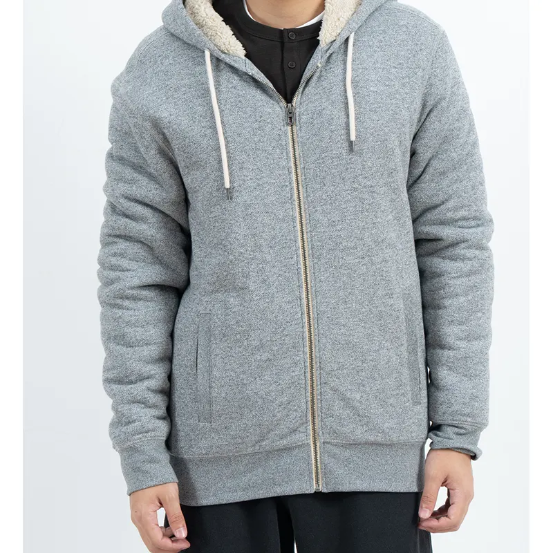Sweat à capuche gris zippé avec doublure de capuche en peluche crème