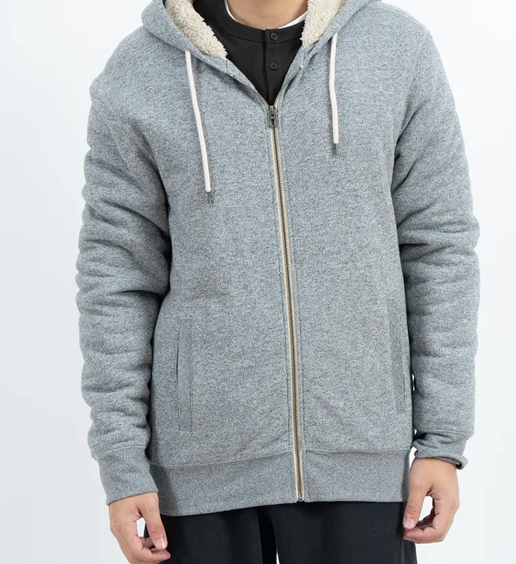 Grey Zip-Up Hoodie with Cream Plush Hood Lining