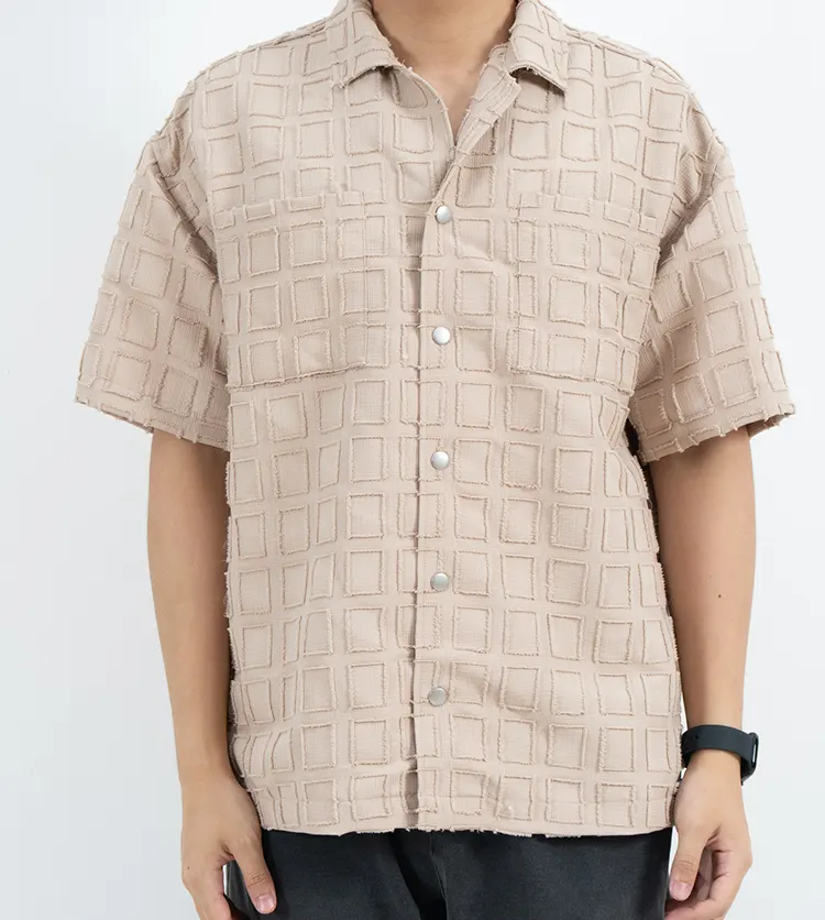 Boxy Short Sleeve Shirt with Raised Grid Texture and Twin Chest Pockets