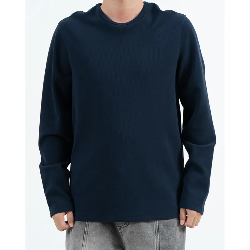 T-shirt bleu marine texturé à manches longues et col rond, coupe décontractée