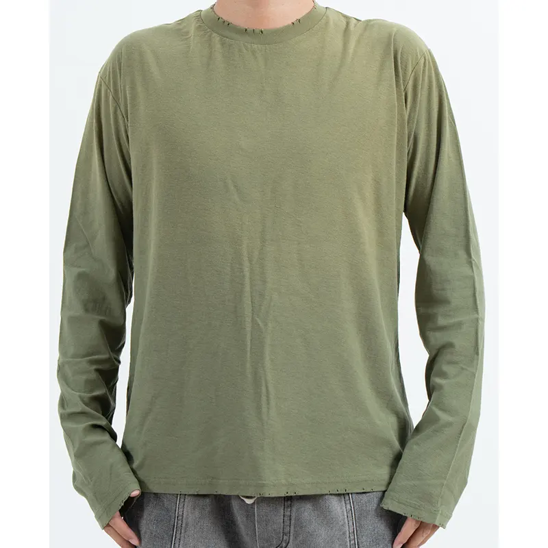 T-shirt olive à manches longues avec encolure et ourlet vieillis