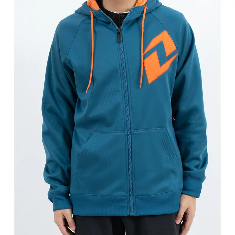 Sweat à capuche zippé raglan bleu sarcelle avec graphique orange sur la poitrine et cordon de serrage
